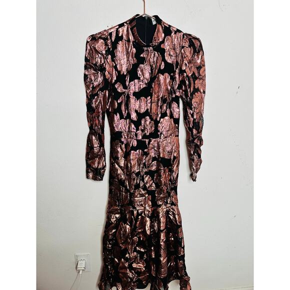 YUMI KIM Metallic Floral Princess Sleeve Flowy Hemline Long Dress Size XS - Picture 2 of 10